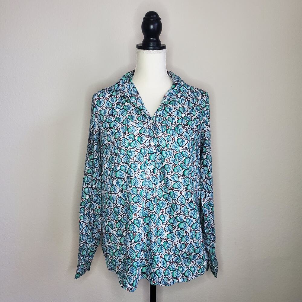 J.Crew Green & Blue Foliage Print Cotton Blouse Size 8